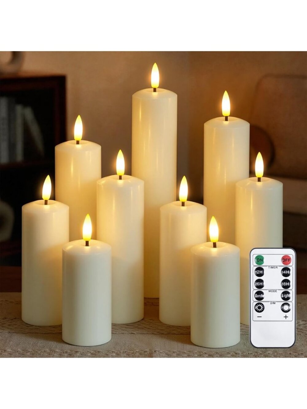 Set of 9 Flameless Real Wax Pillar Candles with Remote & Timer, Battery Operated